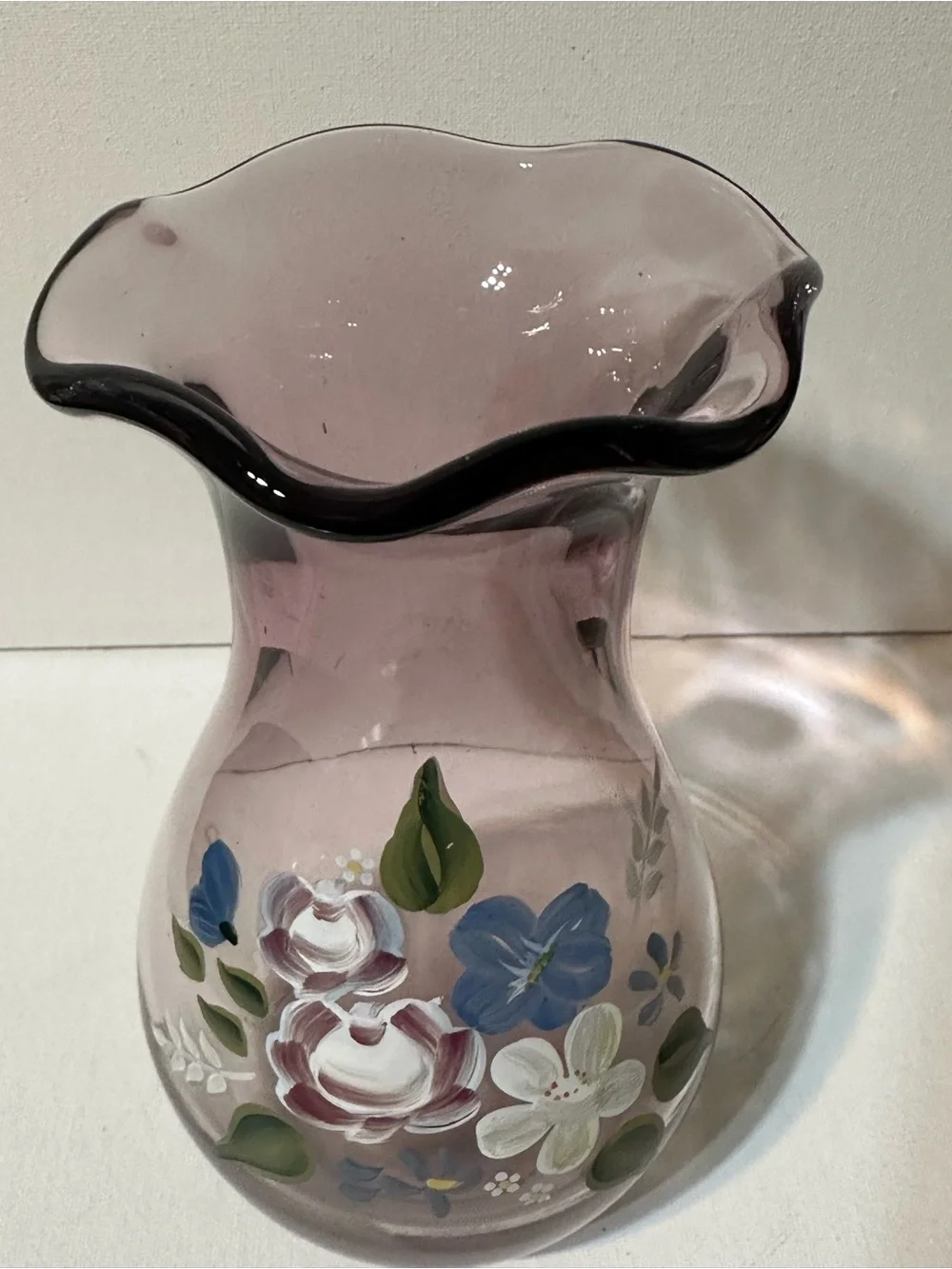 Fenton Glass Ruffle Vase - Purple Amethyst Hand Painted Flowers